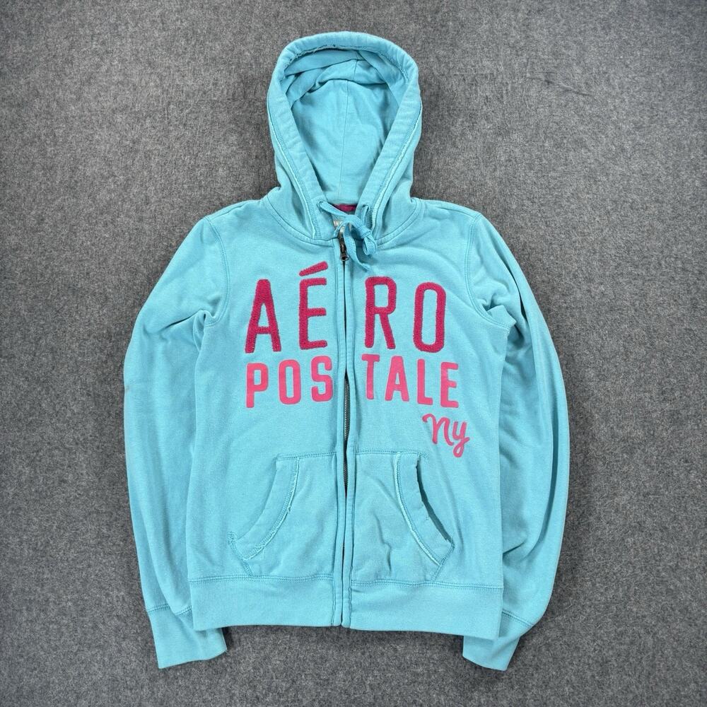 Vintage Y2K Aeropostale Women’s Medium Teal/Blue Hoodie Sweater